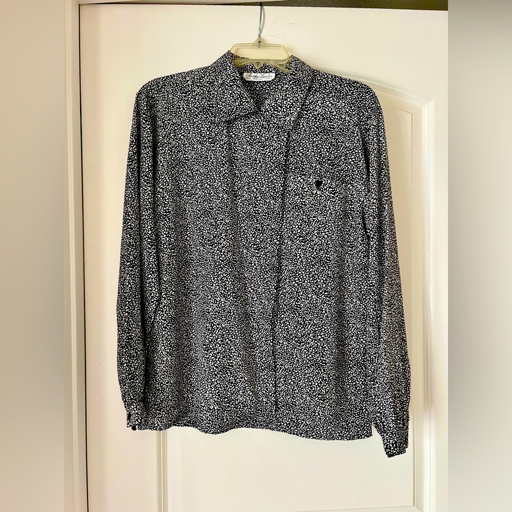VTG Annees Lauder Black White Geometric Print L/S Button Front Blouse L/…